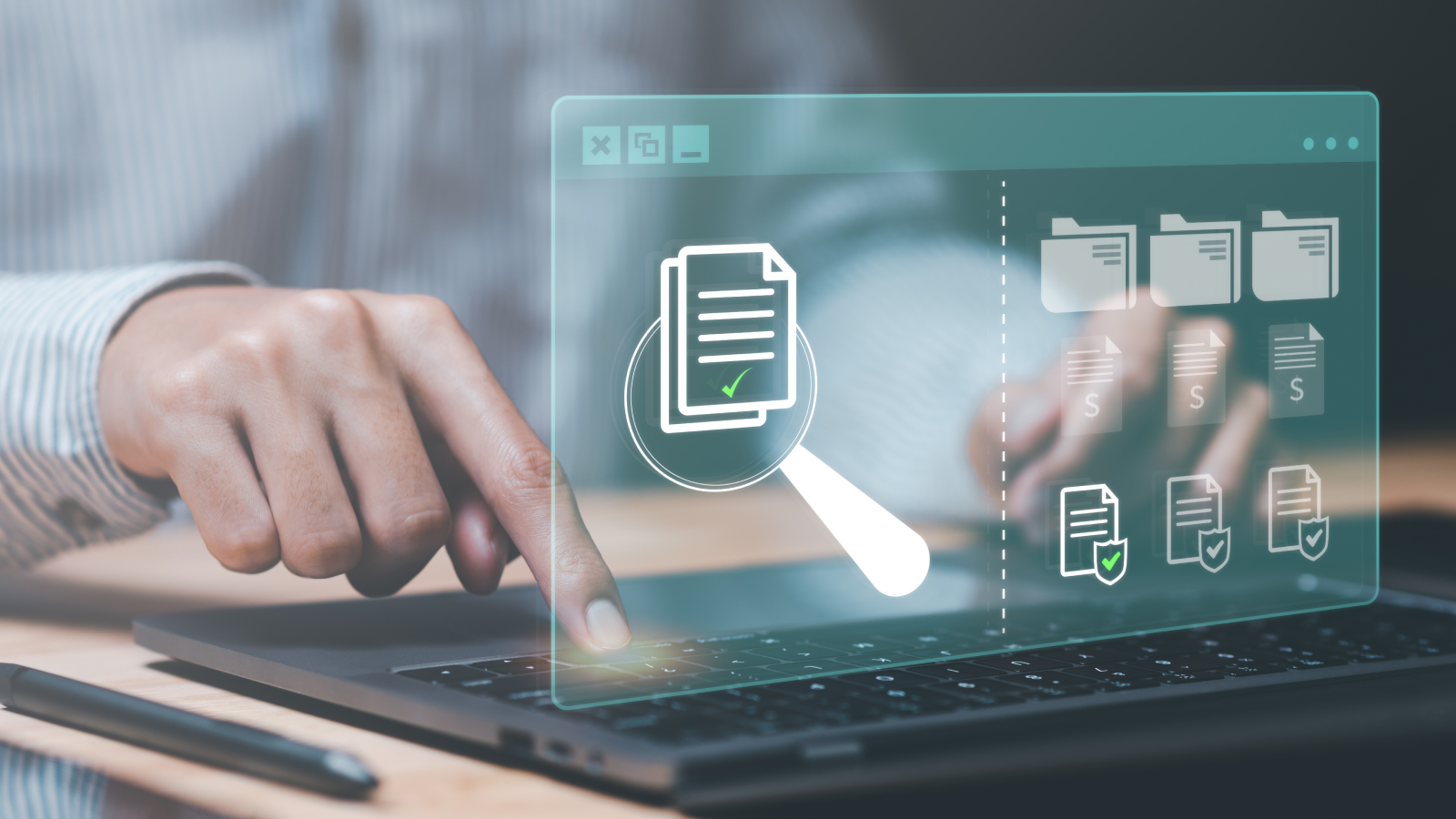 Person using a laptop with a digital document icon overlay.