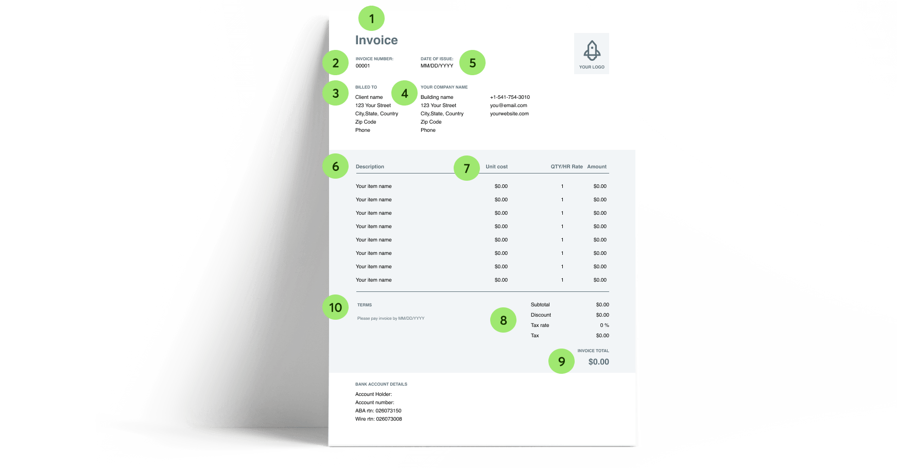 Sample invoice template with labeled sections for clarity.