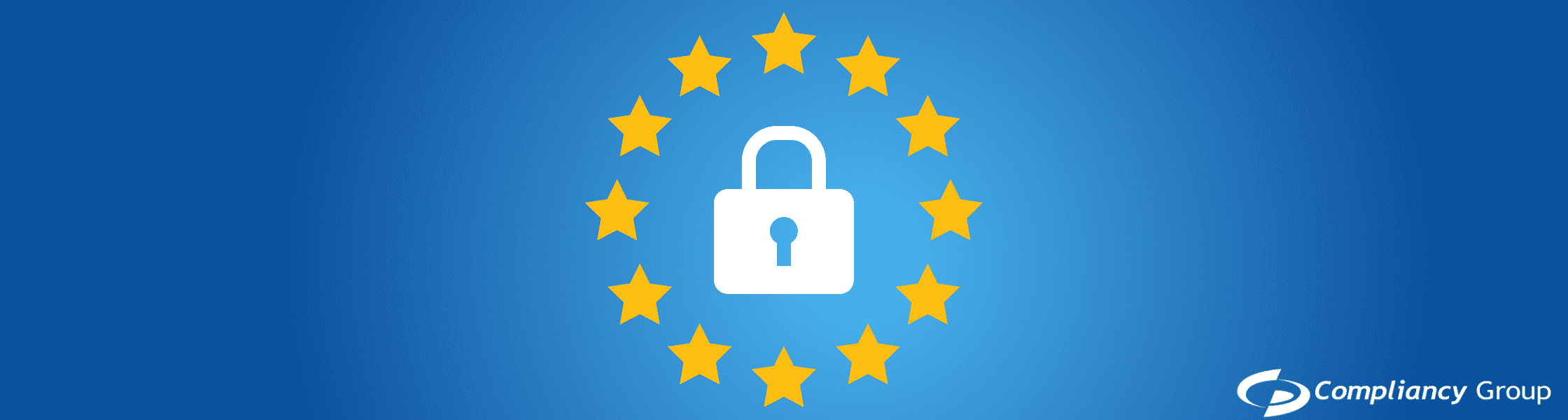 GDPR symbol: padlock surrounded by EU stars on blue background.