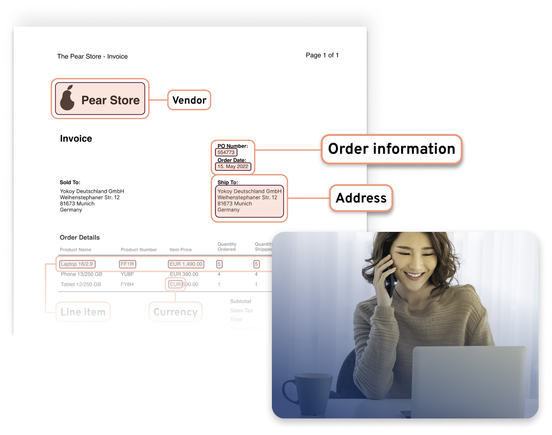 AI-powered invoice processing interface displayed on screen.