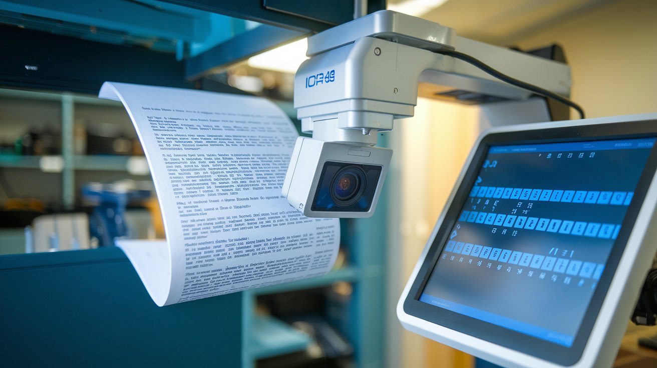 OCR scanner processing a document with text displayed on a screen.